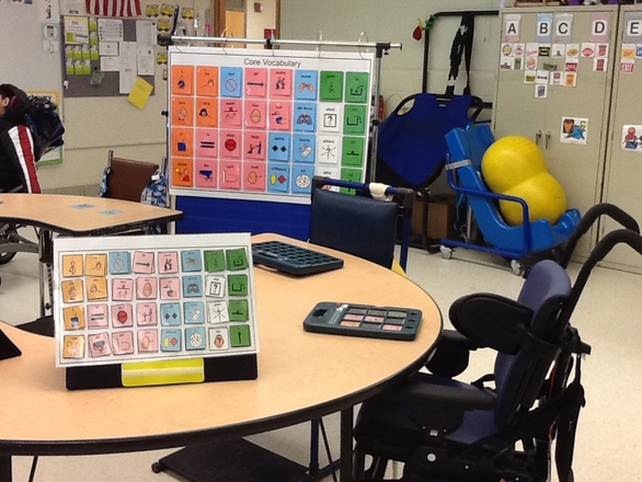 Classroom rich in augmentative-alternative communication systems (AAC) to support all communicators.
