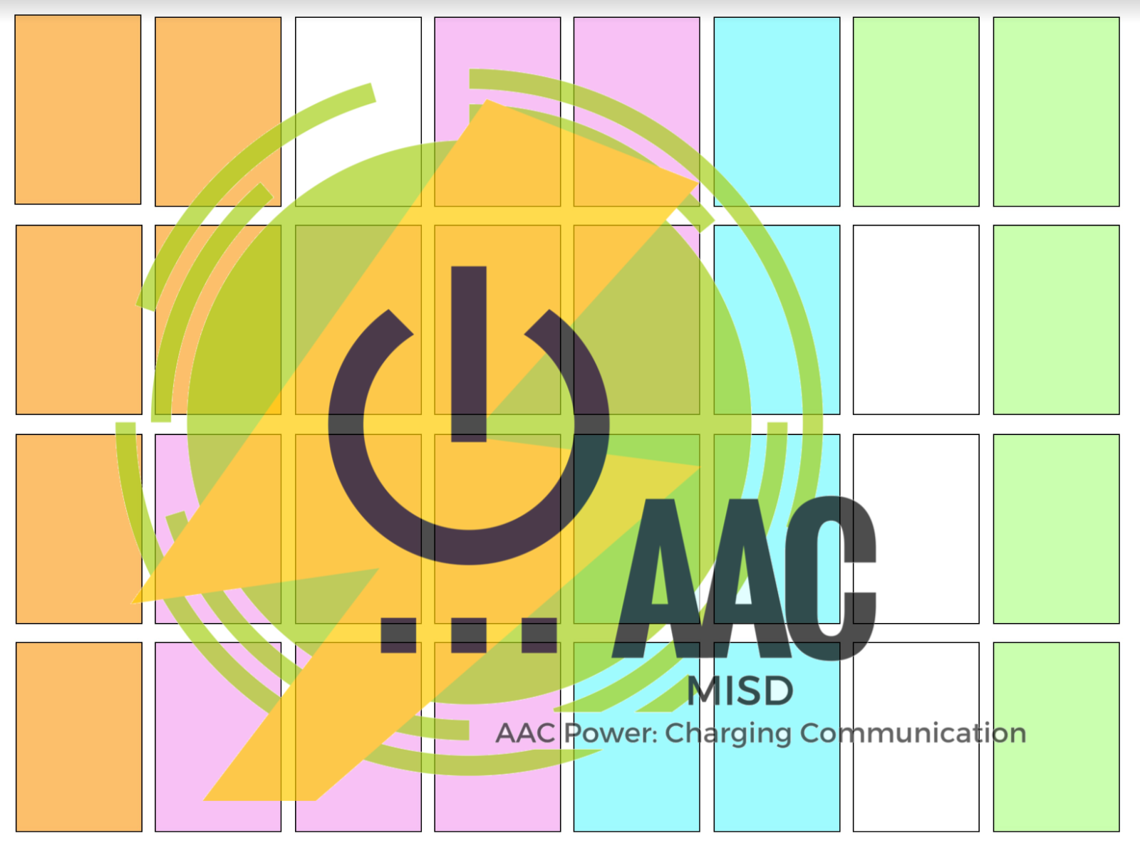 MISD 32-cell communication board with color-coded parts of speech with an overlay of a power symbol