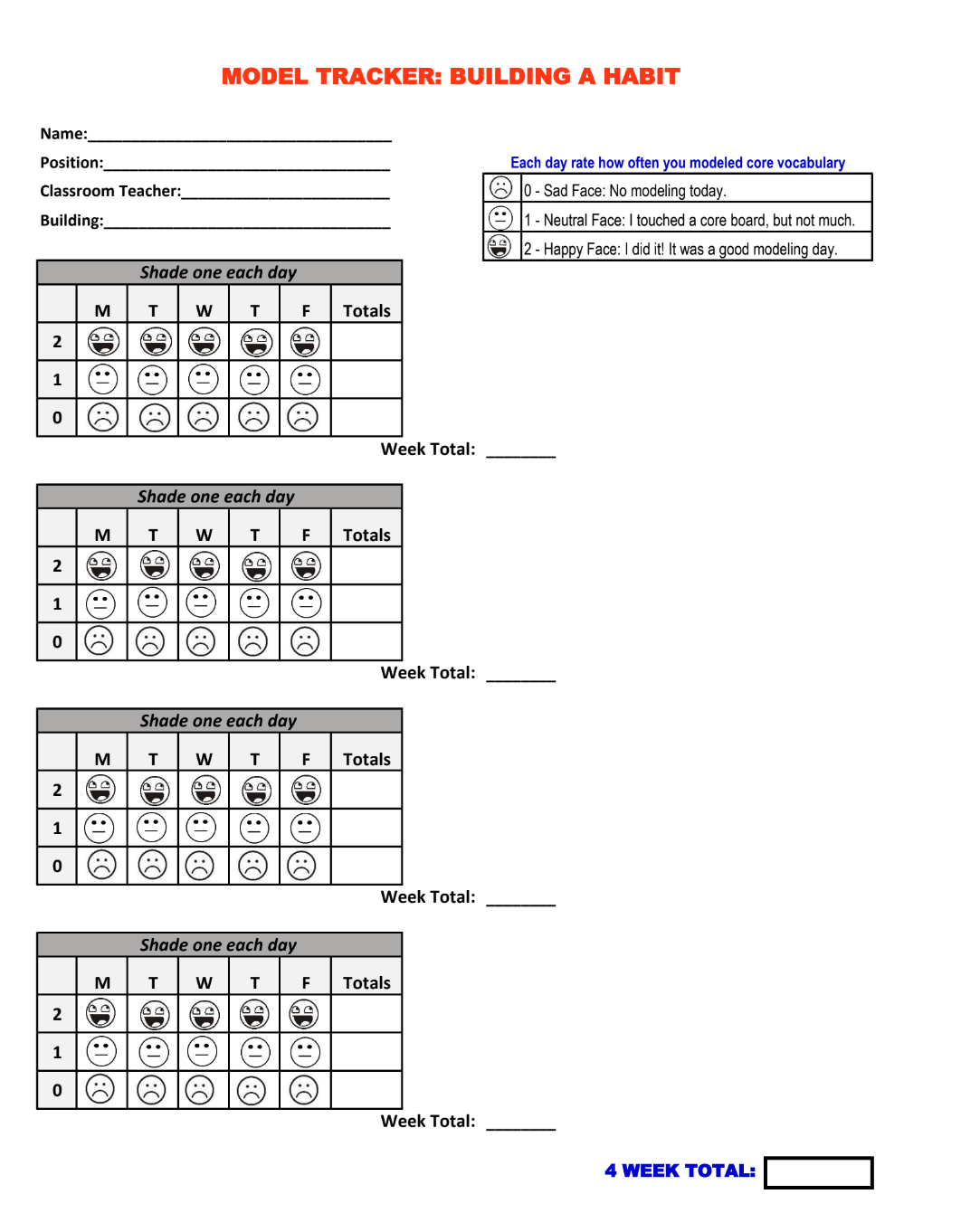Organized form with ability to track one's effort with modeling AAC by rating each day with smiley face, neutral face, and sad face.