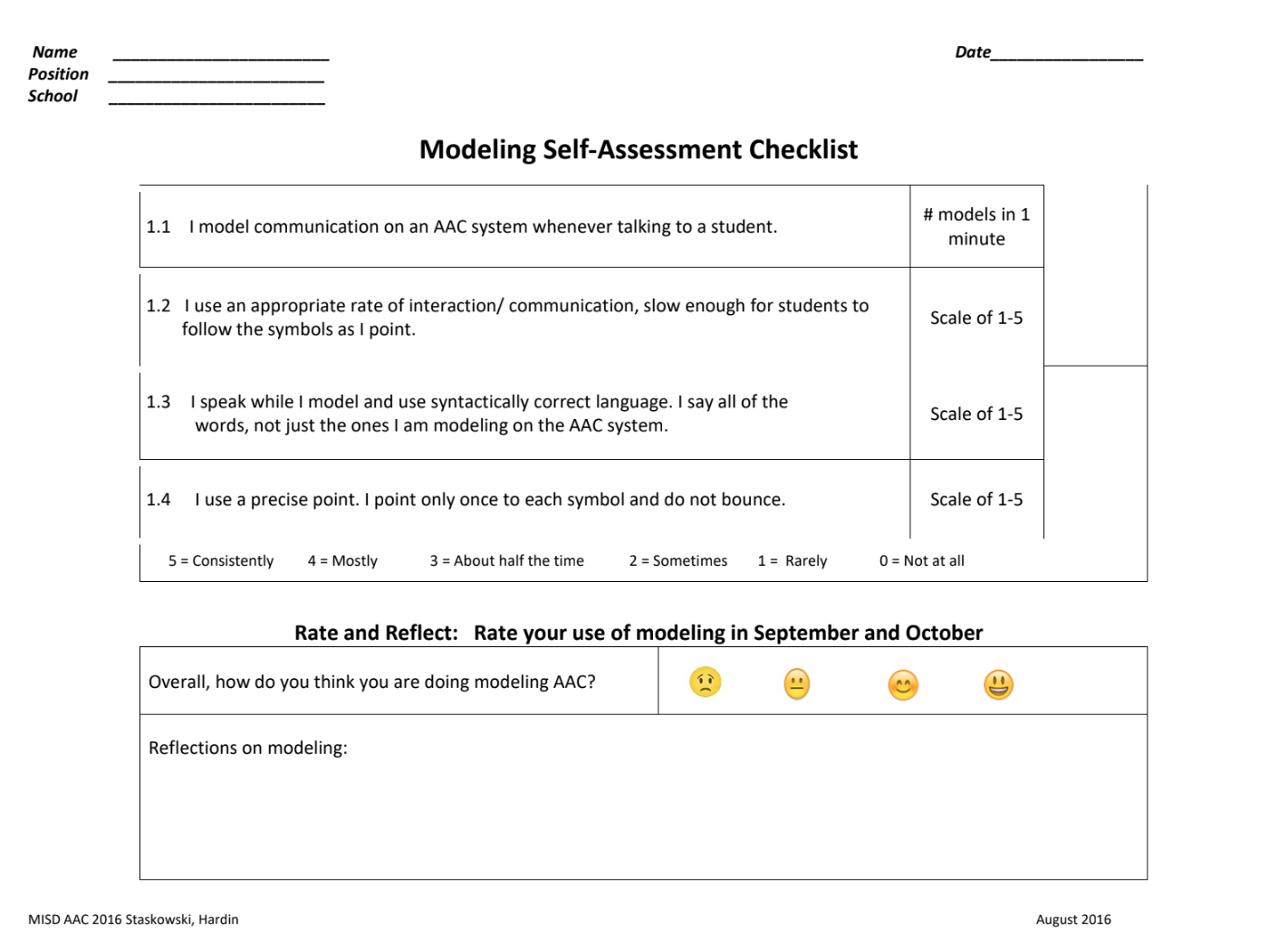 Reflection tool with best practices for modeling AAC and I can statements for the user to reflect on current practice.