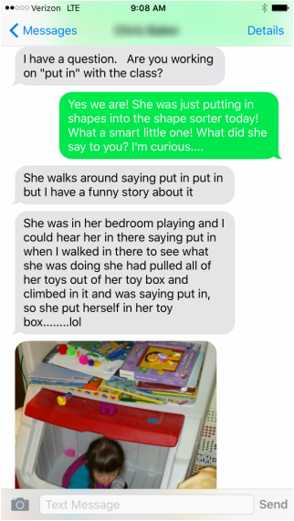 Text exchange between a parent and a teacher about an AAC user using a phrase at home that was the vocabulary target in school that week.